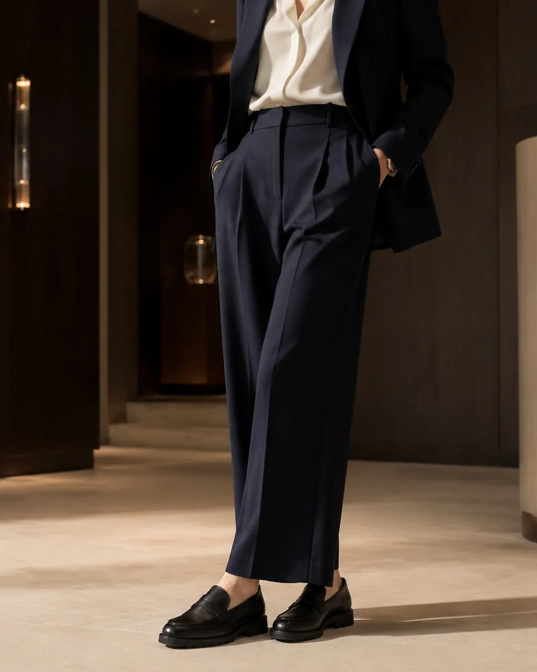 Une tenue professionnelle féminine avec des mocassins noirs Karl & Max.